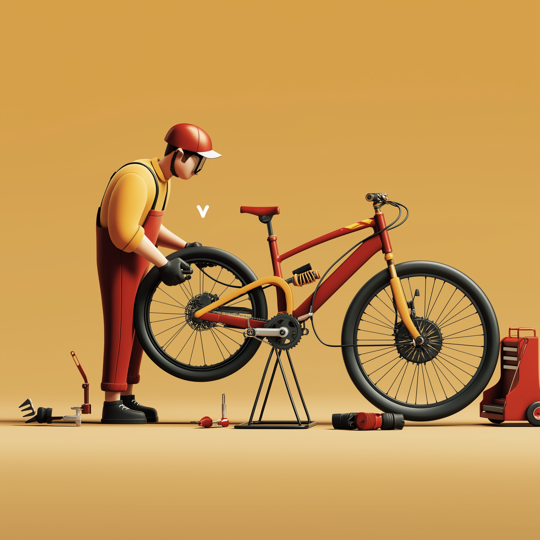 3D illustration of a mechanic adjusting a kids’ bike on a stand, representing careful build quality at The Rally Rider.