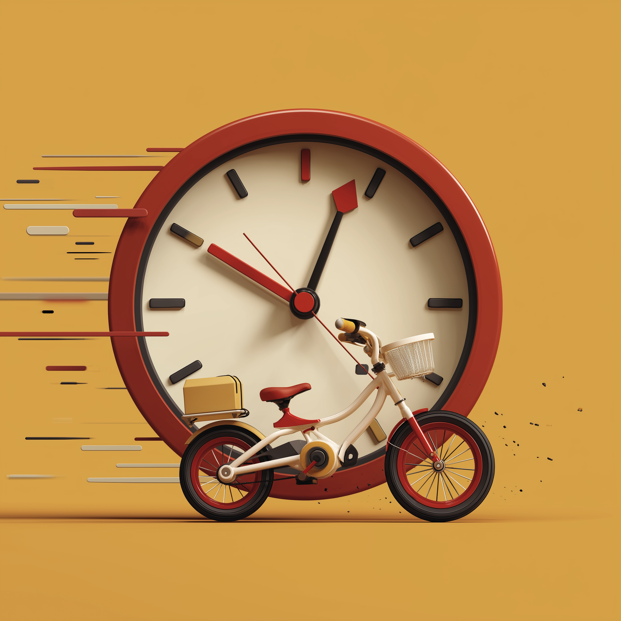 3D illustration of a clock with a kids’ bike in front, symbolising trusted delivery speed from The Rally Rider.