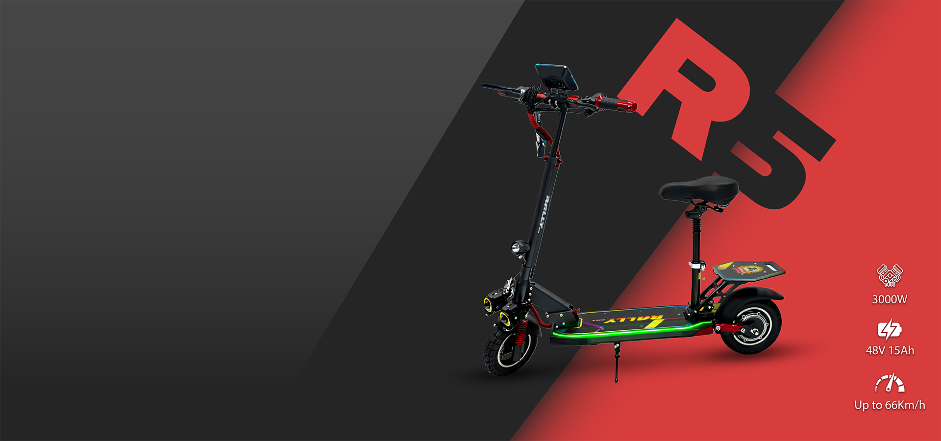 R5 Rally electric scooter on a red and dark background