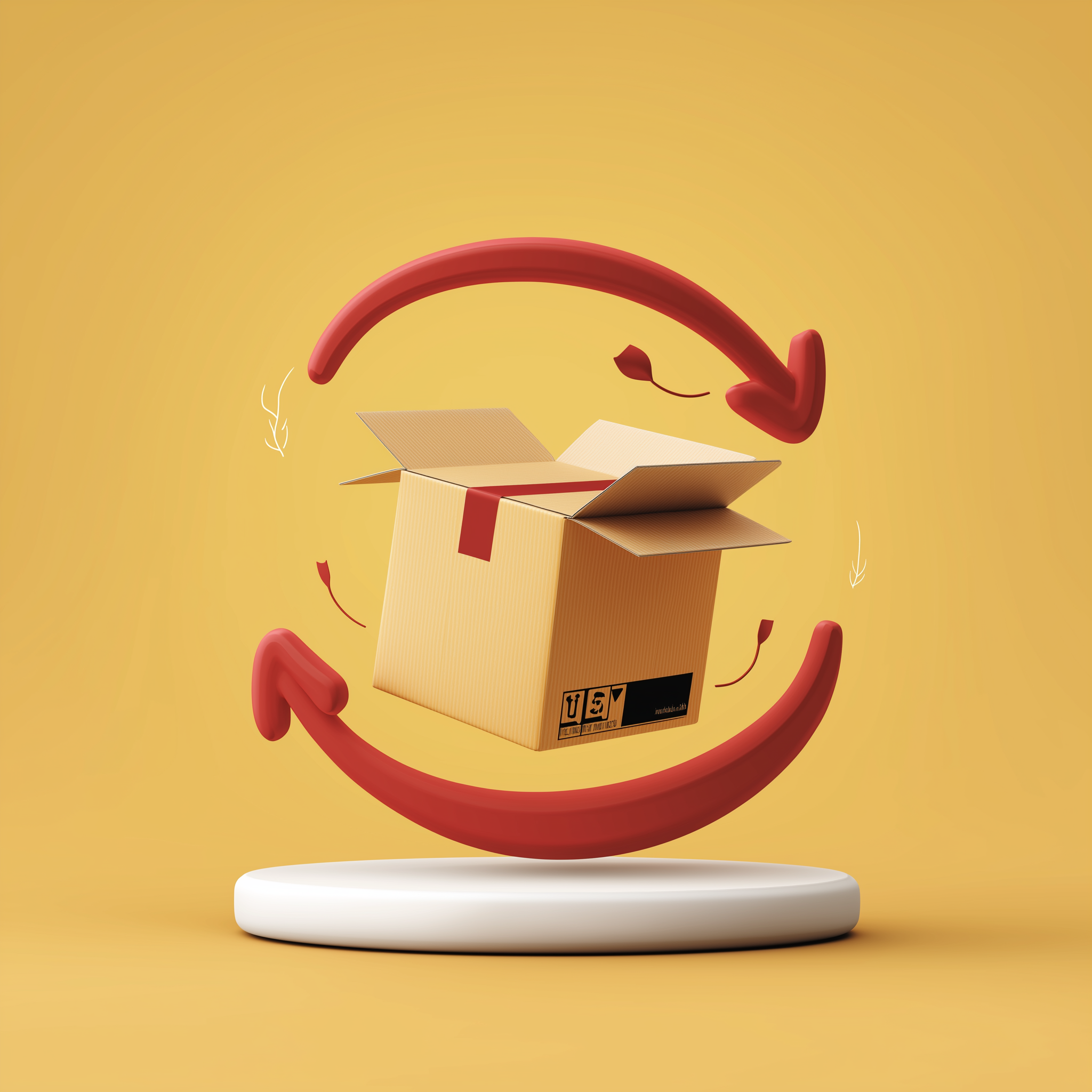 3D illustration of a box with a return arrow, representing The Rally Rider 15-day returns policy.