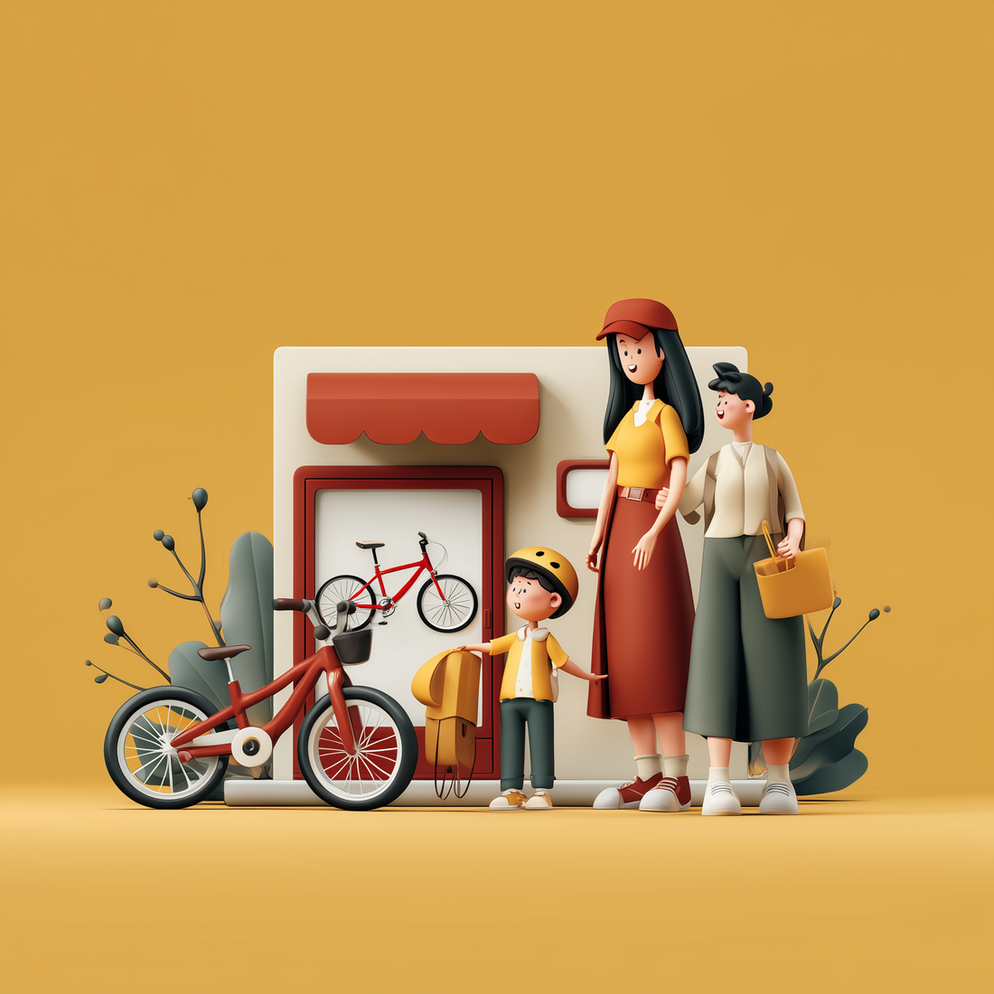 Friendly bike shop scene showing a store seller presenting a kids’ bike to a mother and her child for in-store pickup at The Rally Rider.