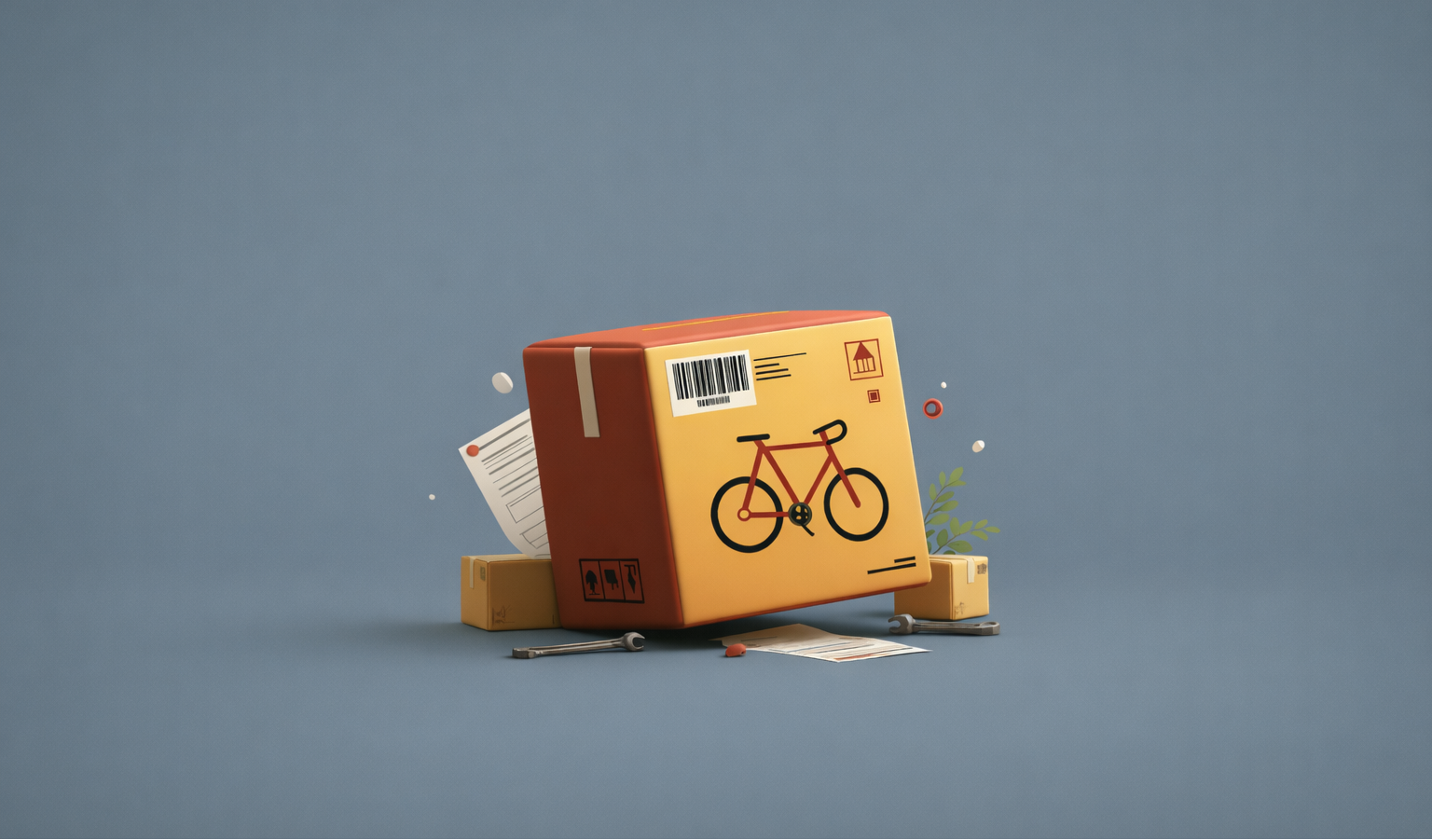 Flat-pack bike delivery with scattered boxes and tools — the typical online delivery experience