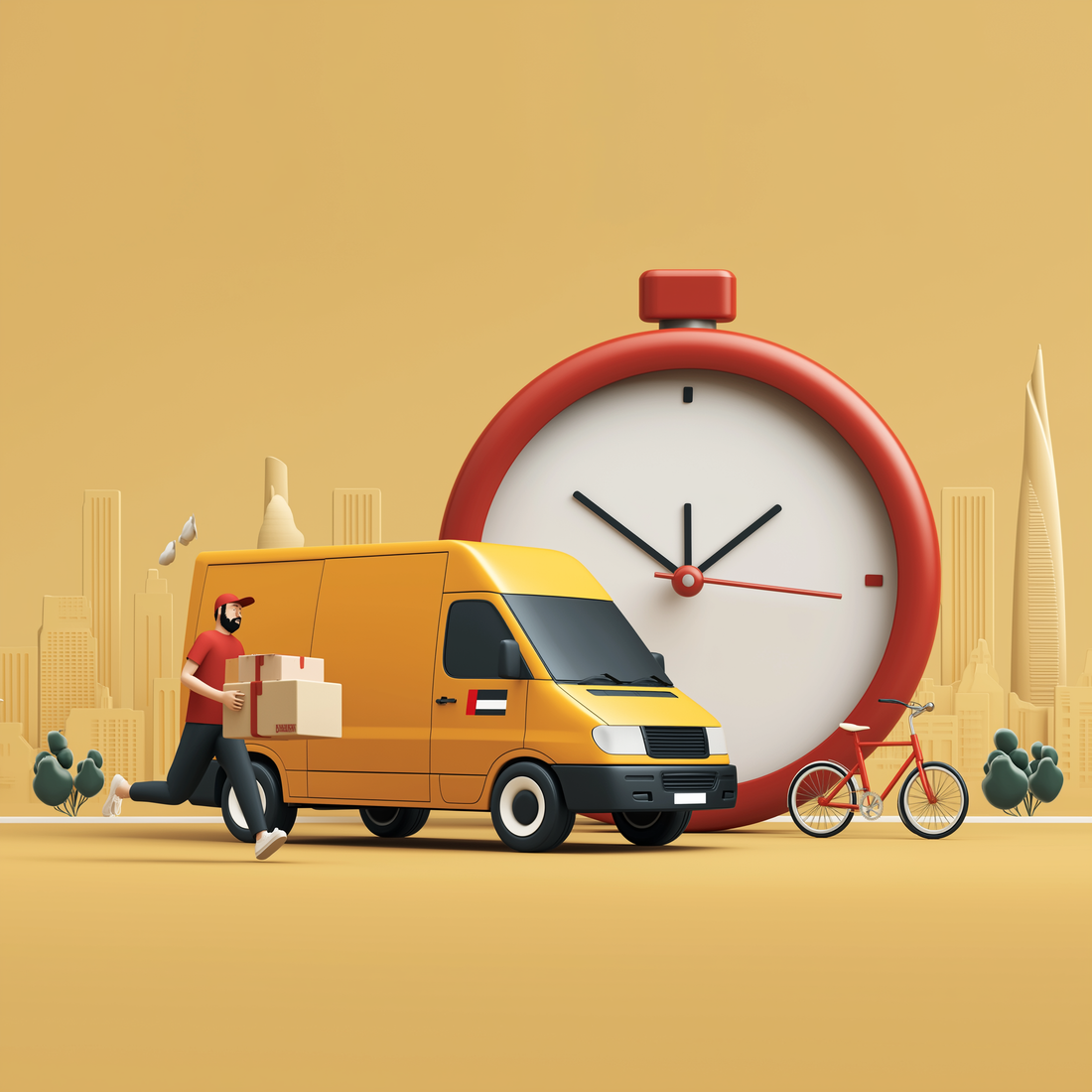 3D illustration of a courier and delivery van symbolising fast UAE delivery for fully assembled bikes and ride-ons