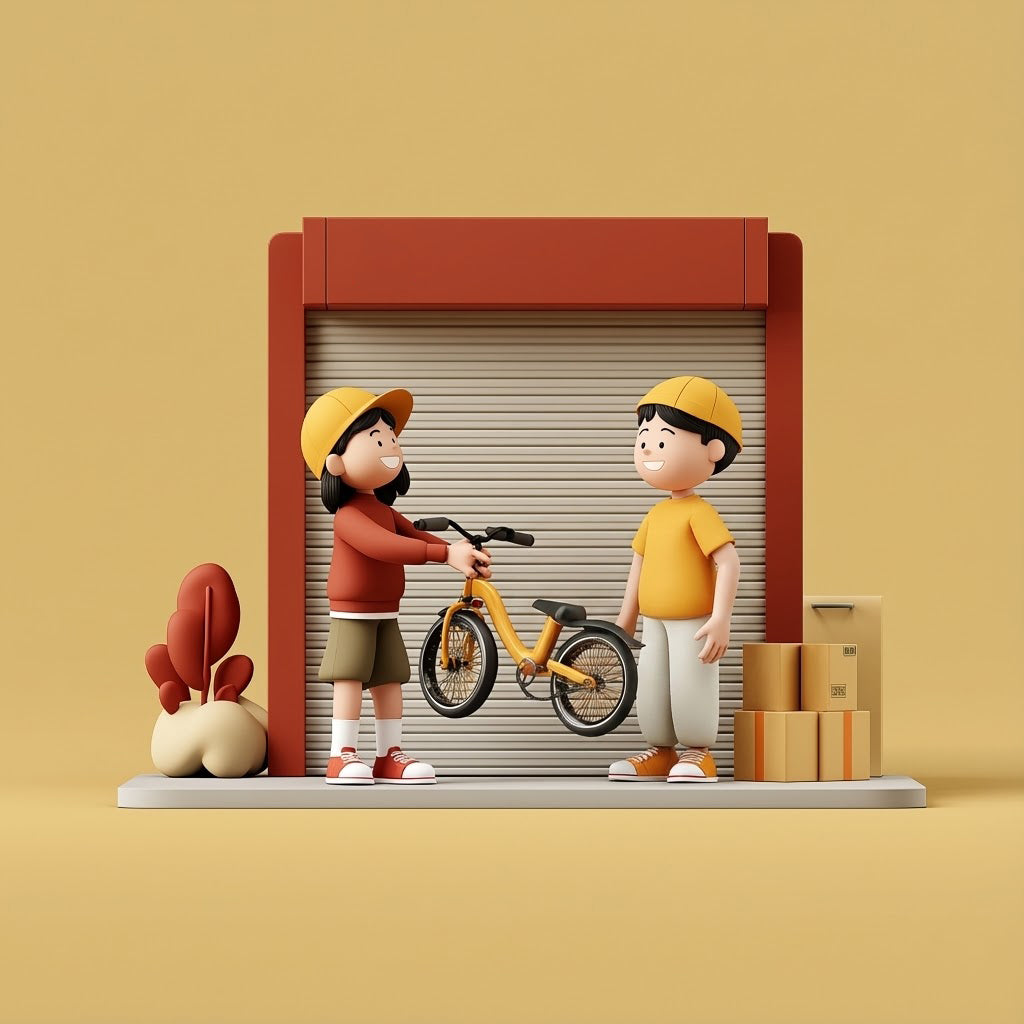 Customer collecting a fully assembled kids’ bike from a warehouse staff member outside The Rally Rider warehouse pickup point.